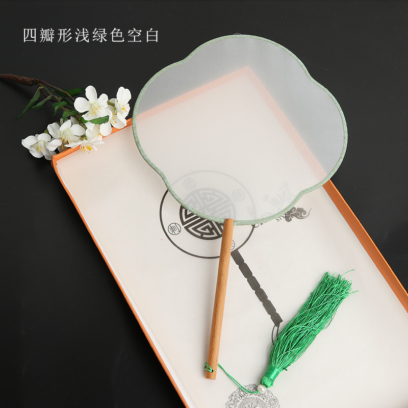 Pintado a mano estilo antiguo ventilador en blanco al por mayor pluma fina pintura a mano alzada superficie de ventilador de caligrafía mango largo ventilador redondo hecho a mano material de bricolaje