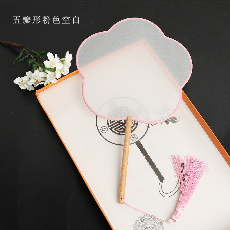 Pintado a mano estilo antiguo ventilador en blanco al por mayor pluma fina pintura a mano alzada superficie de ventilador de caligrafía mango largo ventilador redondo hecho a mano material de bricolaje