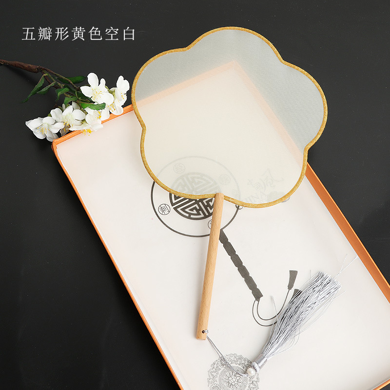 Pintado a mano estilo antiguo ventilador en blanco al por mayor pluma fina pintura a mano alzada superficie de ventilador de caligrafía mango largo ventilador redondo hecho a mano material de bricolaje