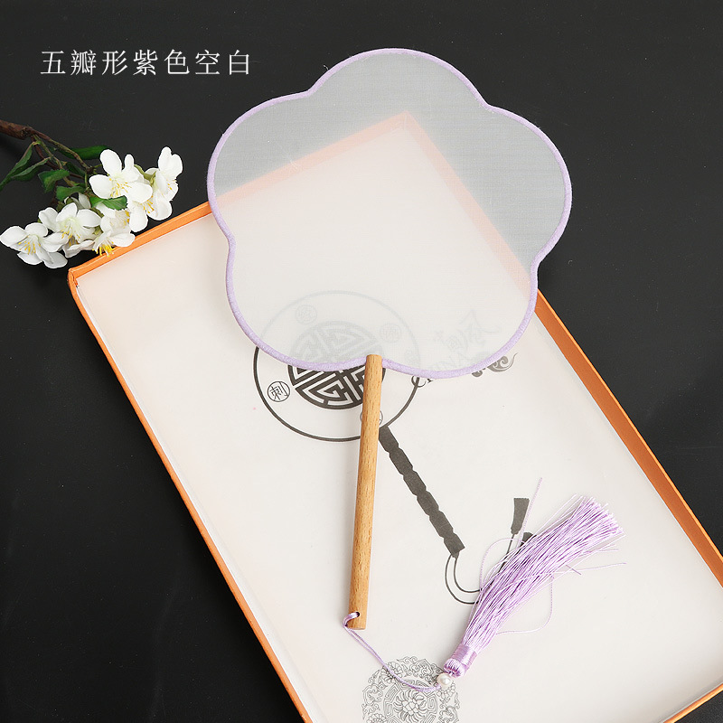 Pintado a mano estilo antiguo ventilador en blanco al por mayor pluma fina pintura a mano alzada superficie de ventilador de caligrafía mango largo ventilador redondo hecho a mano material de bricolaje