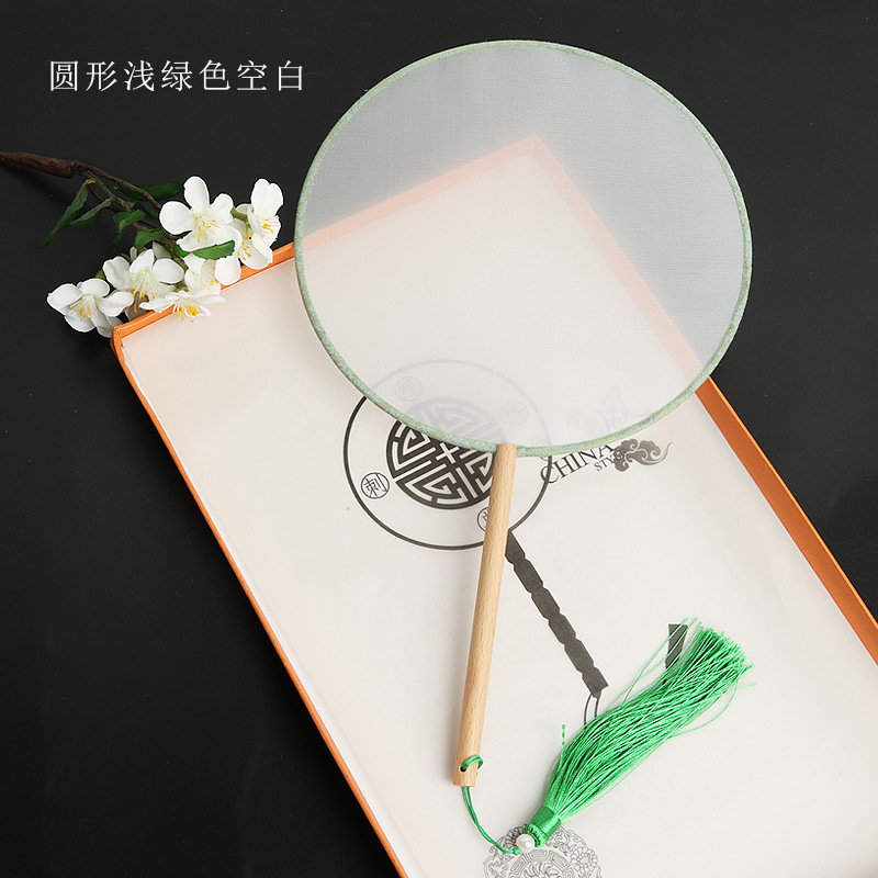 Pintado a mano estilo antiguo ventilador en blanco al por mayor pluma fina pintura a mano alzada superficie de ventilador de caligrafía mango largo ventilador redondo hecho a mano material de bricolaje