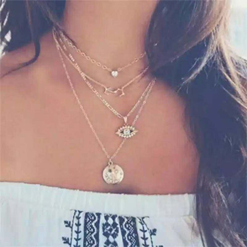Elegant and Minimalist Multi-layer Metal Necklace for Women with Cross, Moon, and Lockchain Design