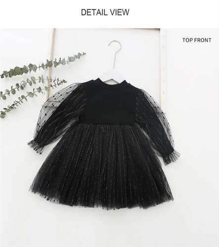 Children's Clothing Autumn New Arrival Girls' Dresses Girls' Gauze Skirts Style Puff Sleeves Knitted Mesh Skirts