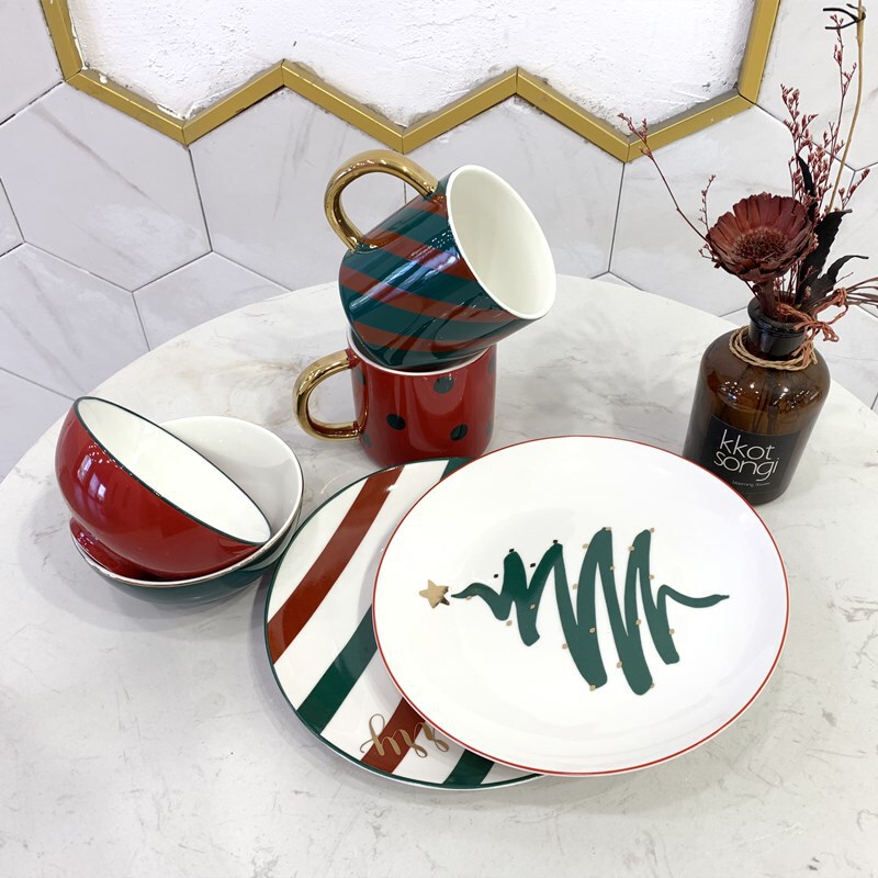 Nordic Creative Retro Style Christmas Tableware Household Ceramic Bowl Single Bowl and Dish Rice Bowl Personalized Breakfast Plate Dish Nordic Creative Retro Style Christmas Tableware Household Ceramic Bowl Single Bowl and Dish Rice Bowl Personalized Breakfast Plate Dish