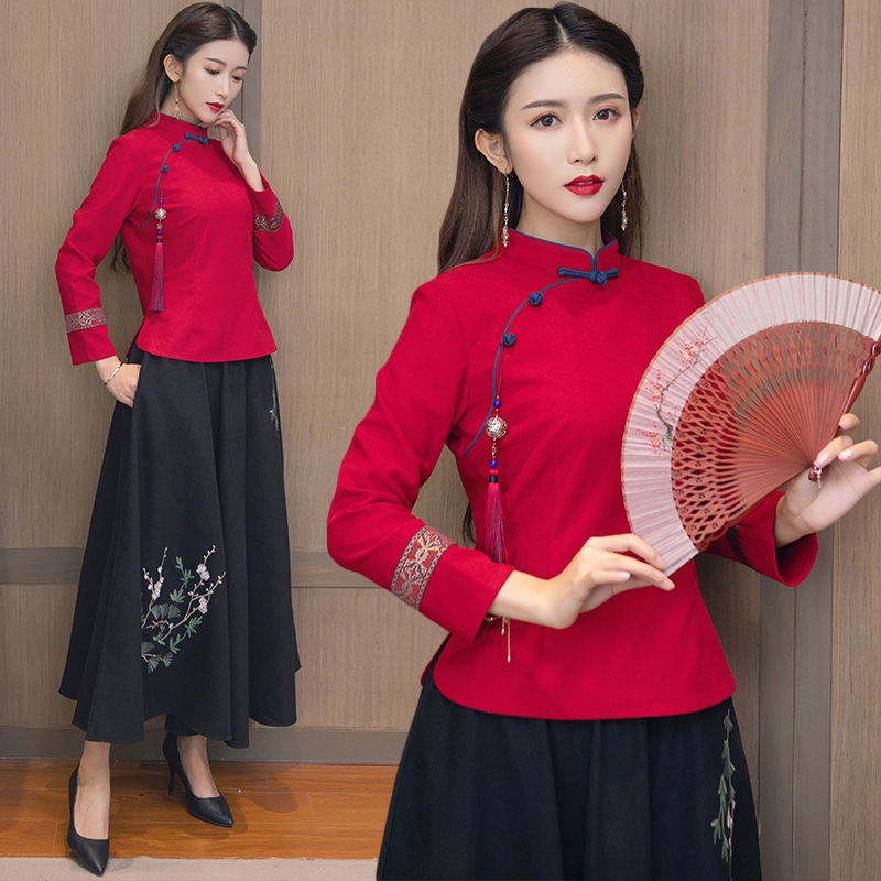 Group Buying Spring Autumn and Winter Chinese Style Women's Cheongsam Top Improved Long Sleeve Chinese Tang Suit Retro Button Tea Man Clothing Han