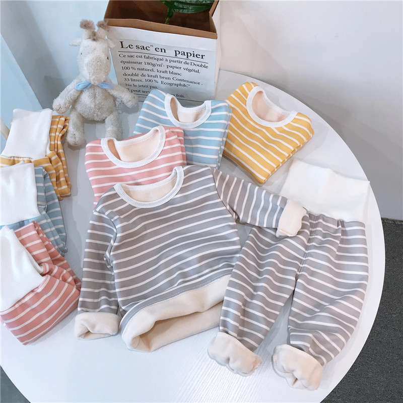 무료 배송 특별 제공 어린이 기모 열 속옷 세트 아기 가을과 겨울 줄무늬 가정 옷 어린이 가을 옷과 바지