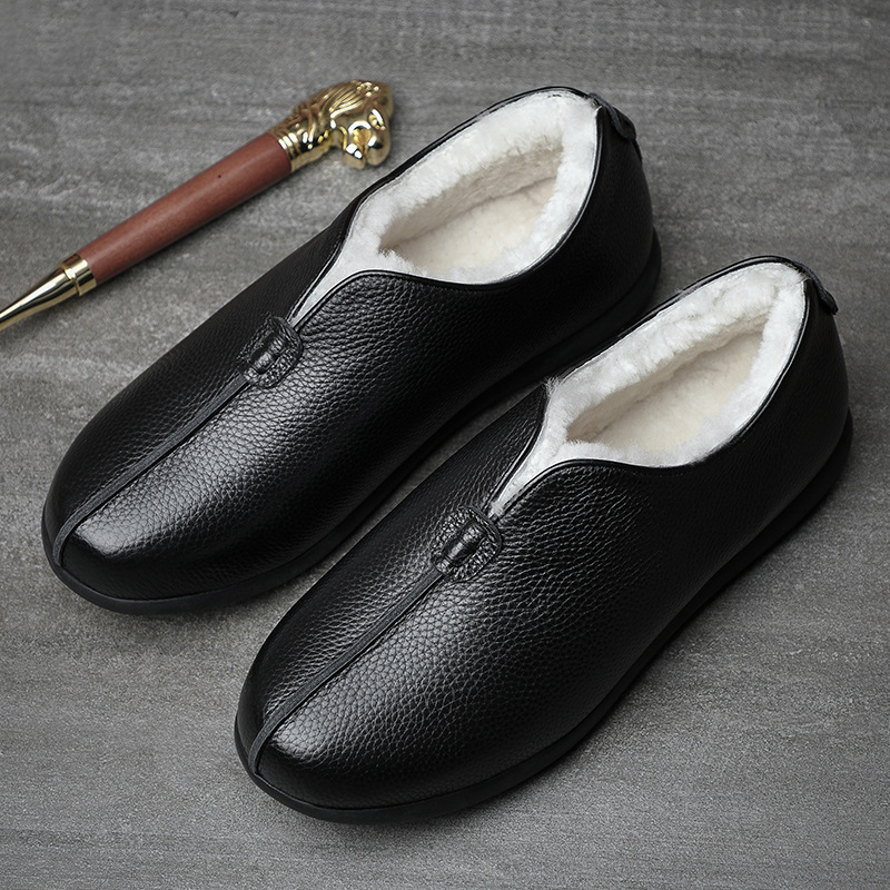 Primera capa de piel de vaca de lana de invierno zapatos de algodón de los hombres viejos zapatos de tela Beijing forrado de lana caliente zapatos de cuero viejo papá zapatos de los hombres suaves
