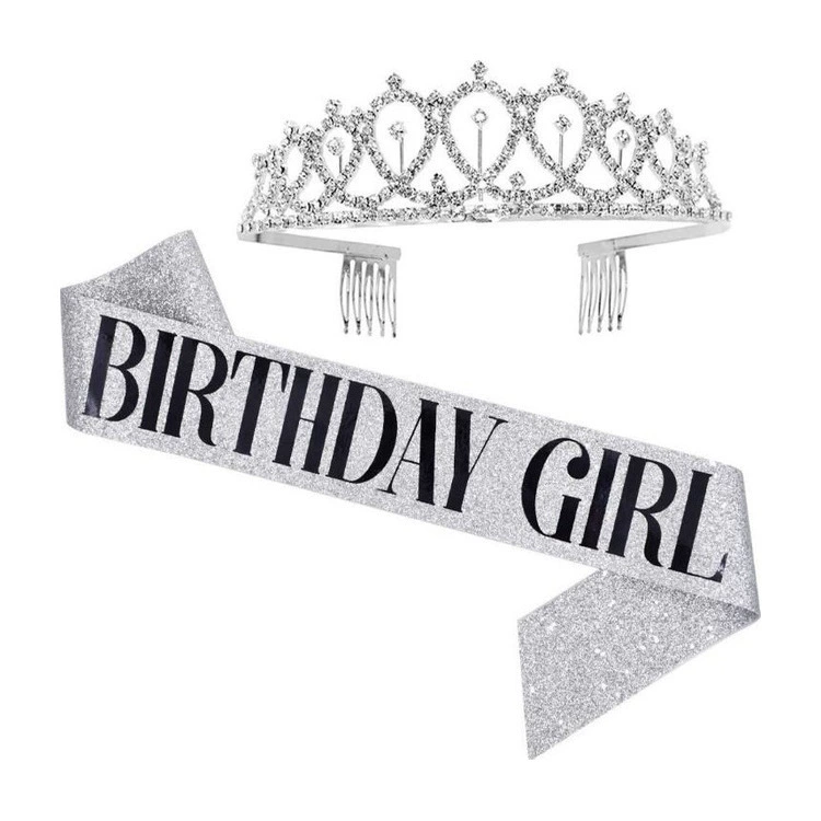 Набор корона и лента «Birthday», тиара в имитации «бриллианта» с гребнями и блестящая лента, розовый или серебристый