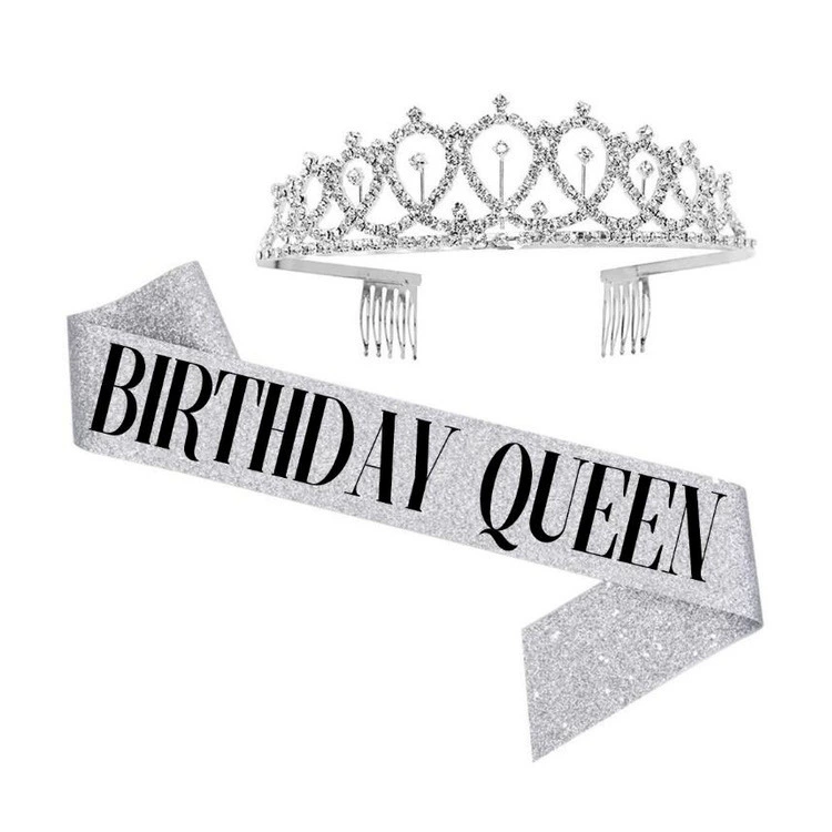 Набор корона и лента «Birthday», тиара в имитации «бриллианта» с гребнями и блестящая лента, розовый или серебристый