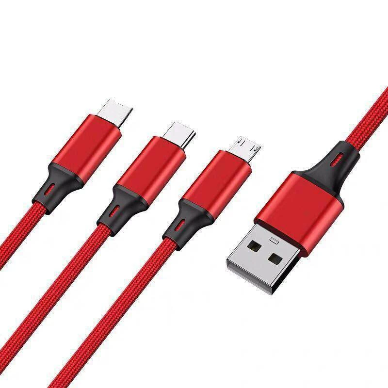 Кабель для зарядки совместимый с Apple и Huawei, 3-в-1 из braided алюминиевого сплава, длина 1,2 м, USB-A на Lightning/Type-C/Micro-USB