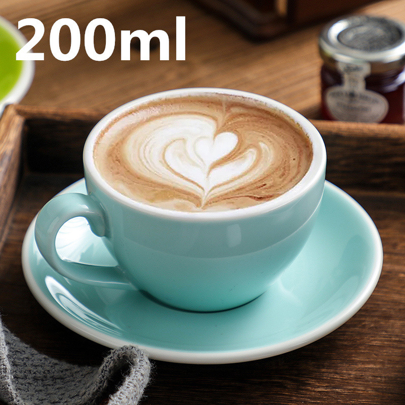 Fujiale Coffee Cup Set with Saucer, Cappuccino Cup, Latte Cup, White Rim, 200ml Ceramic, Nordic Style Gift Box