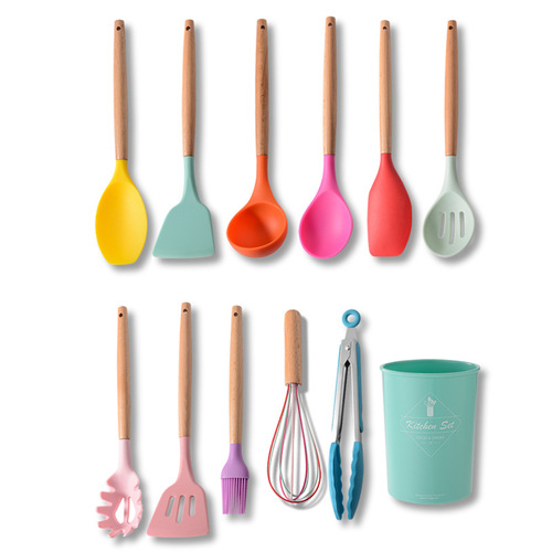 Colorful household wooden handle silicone kitchenware 11-piece set kitchenware kitchenware kitchen set