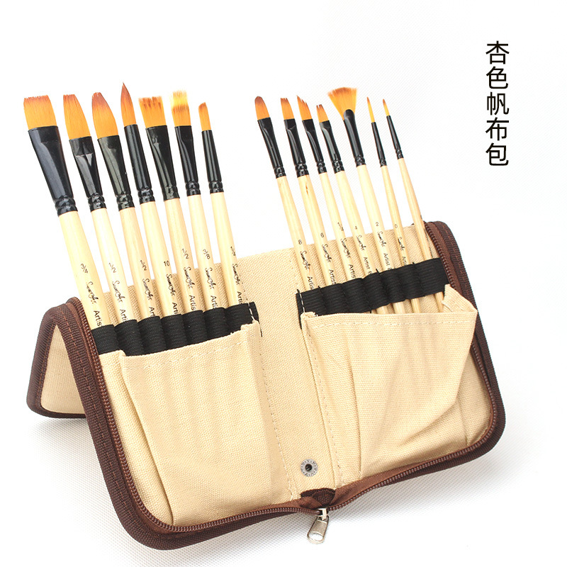 Traje de cepillo de nylon transfronterizo 14 Negro/albaricoque acuarela gouache acrílico aceite cepillo bolsa de lona gratis