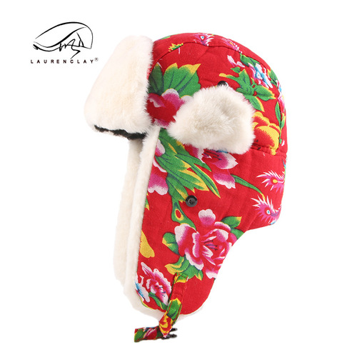 Baby and Parent Gift Northeast Large Flower Fabric Lei Feng Hat for Men and Women Winter Outdoor Cycling Windproof Ear Protection Cold Prevention Hat Festive Trendy
