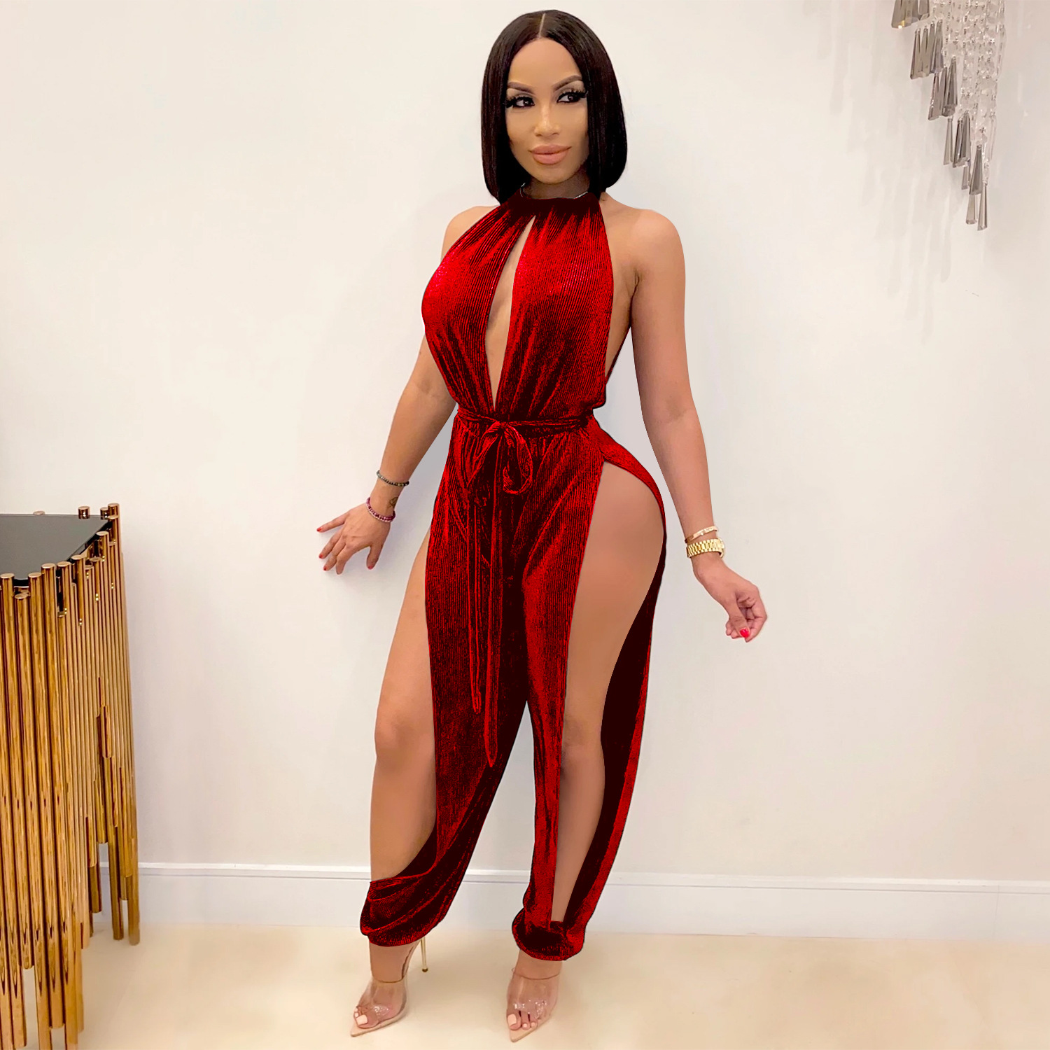 X3737 transfronterizo nuevo AliExpress Amazon moda europea y americana sexy encaje-up stretch split mono de mujer image 3