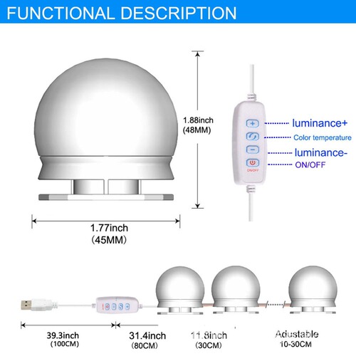 LED makeup mirror bulb Hollywood style three-color temperature mirror front light photography vanity bathroom makeup light