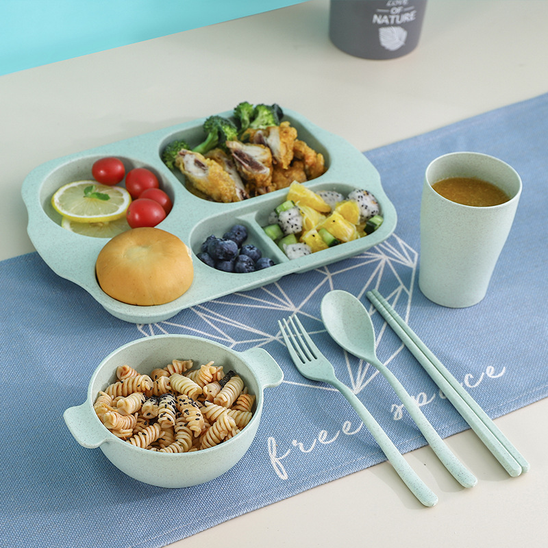 Plato de rejilla de jardín de infantes de trigo juego de seis piezas palillos resistentes a caídas tenedor cuchara taza tazón de arroz traje de vajilla para niños