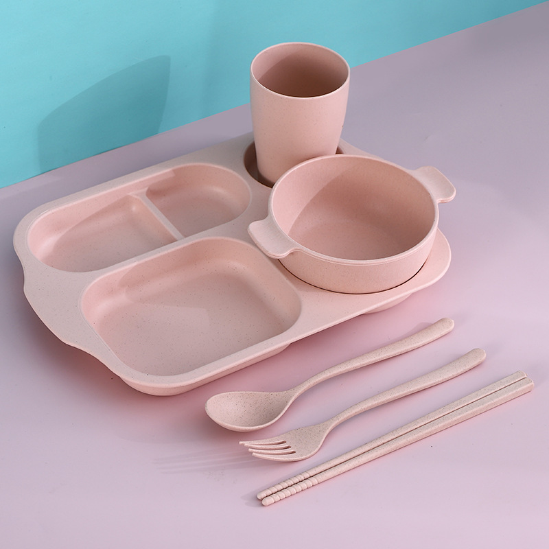 Plato de rejilla de jardín de infantes de trigo juego de seis piezas palillos resistentes a caídas tenedor cuchara taza tazón de arroz traje de vajilla para niños