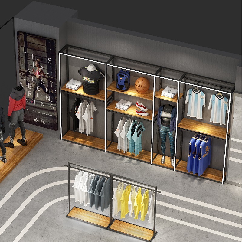 Tienda de ropa para hombres estante tienda de ropa soporte de exhibición de tipo de piso tienda de emisión de luz deportiva ropa de marca soporte de exhibición