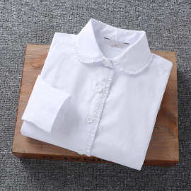 女童白衬衫长袖洋气中大童花边小学生校服衬衣纯白色校园款春