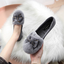 T35惠东易鑫达毛毛鞋女厚底圆头豆豆鞋女外穿加绒蝴蝶结棉鞋低帮