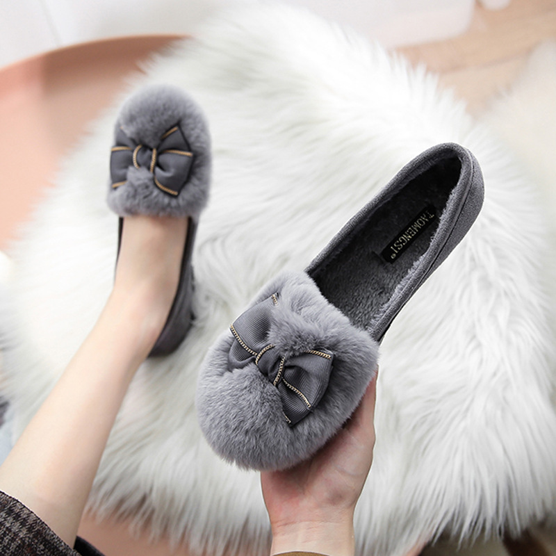 T35惠东易鑫达毛毛鞋女厚底圆头豆豆鞋女外穿加绒蝴蝶结棉鞋低帮