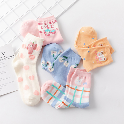 Korean cute Japanese marshmallow plaid bear cotton mid-tube rabbit sweet soft girl mid-length sports socks