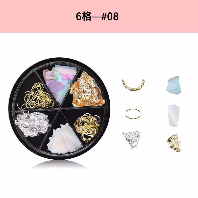 Joyería de uñas en caja taladro Perla metal remache lámina oro Shell rhinestone traje mezclado pequeña joyería al por mayor