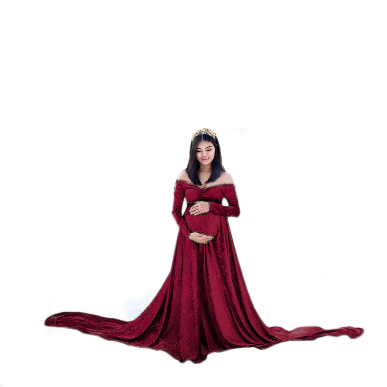 2020 European and American Autumn and Winter Women's Clothing Golden Velvet Pregnant Women's V-Collar Trailing Dress Photography Dress 1142
