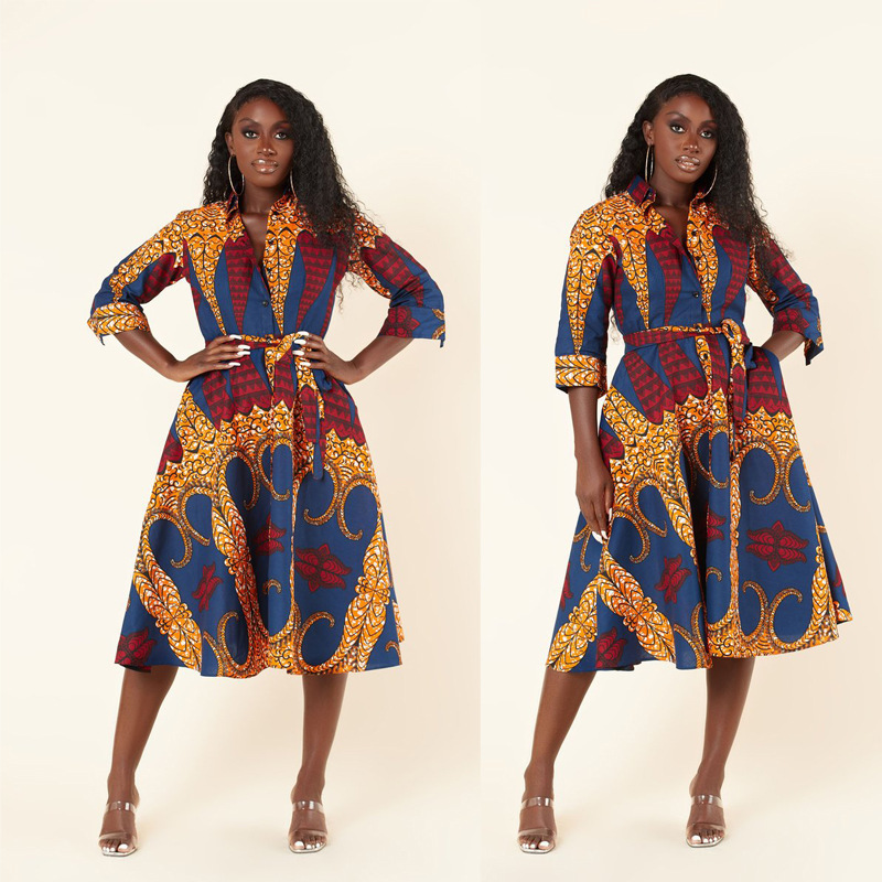 Ys902 African Fashion Women's Printed Shirt Dress Small Autum Shirt Loose Mother's Wear
