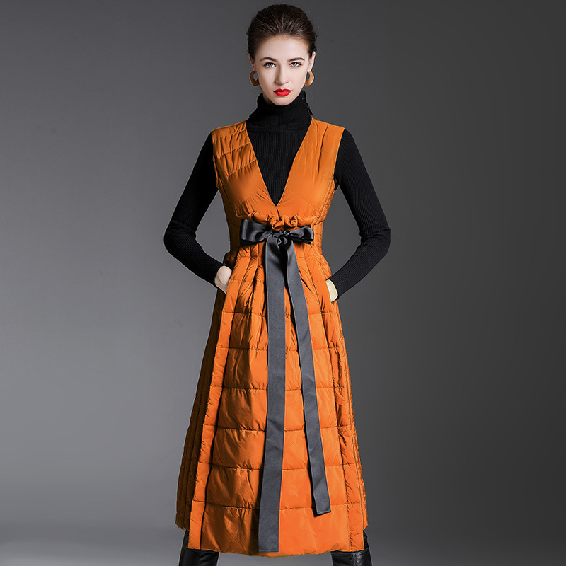 Duck down Long Dress 2025 Autumn and Winter down Long Dress Lightweight Warm Waist Swing Sleeveless down Jacket for Women