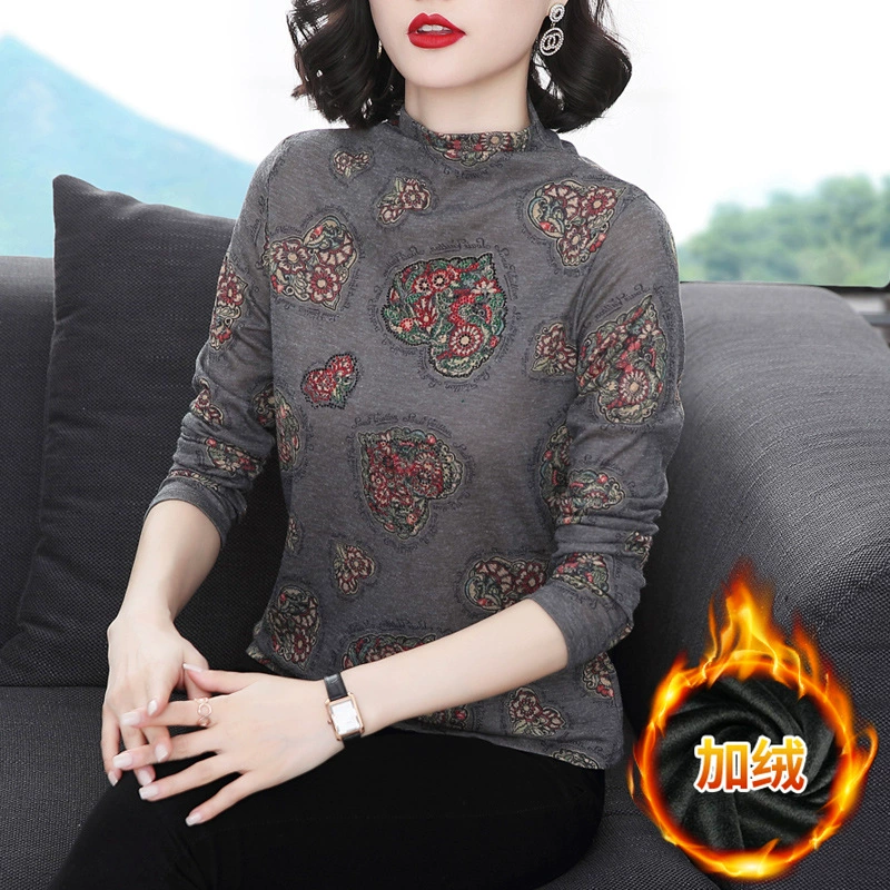 Осенне-зимняя рубашка с длинными рукавами и полувысоким воротником, Женская внутренняя часть 2023, Новая мода для матери, толстый топ в иностранном стиле на флисовой подкладке
