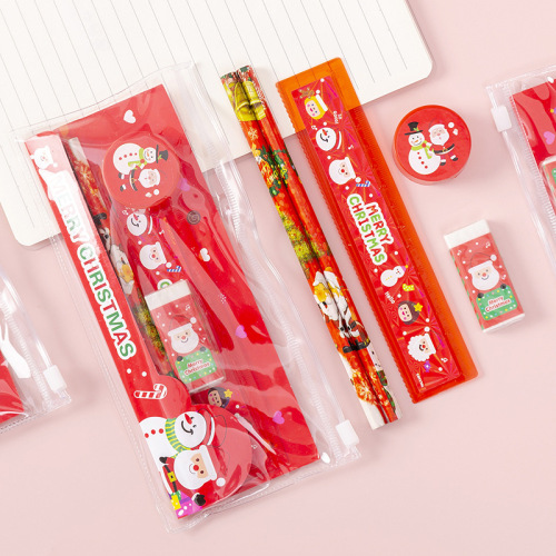 Christmas Stationery Set Pencil Eraser Sharpener Ruler Pull Side Bag Student Stationery Supplies Holiday Gift T