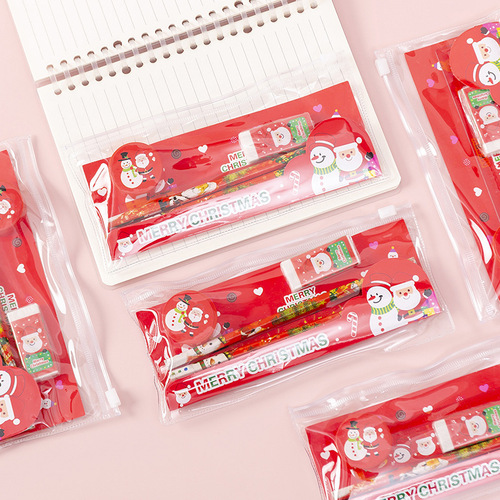 Christmas Stationery Set Pencil Eraser Sharpener Ruler Pull Side Bag Student Stationery Supplies Holiday Gift T
