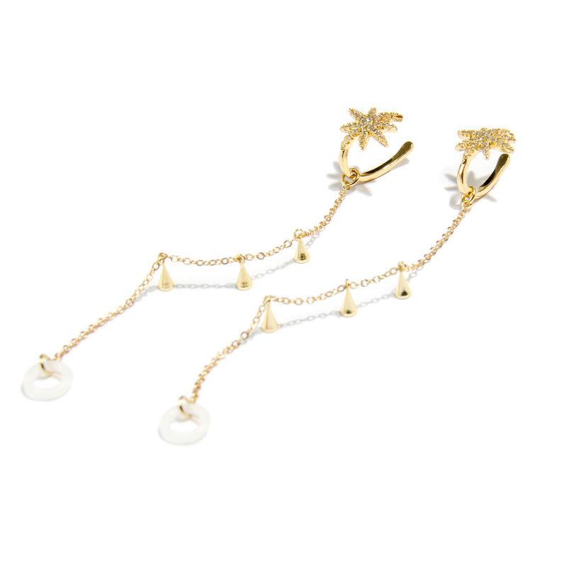 KJ cobre con incrustaciones de circonio auricular cadena anti-perdida clip de oreja hembra transfronteriza pendientes de moda de gama alta de seis puntas estrella auricular anti-perdida pendientes