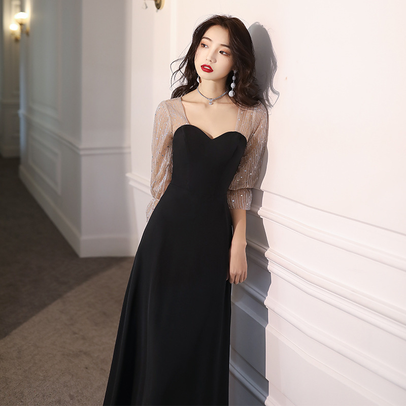 Evening Dress Women's Banquet Temperament Texture Usually Wearing Black Atmosphere Dress Simple and Generous Small