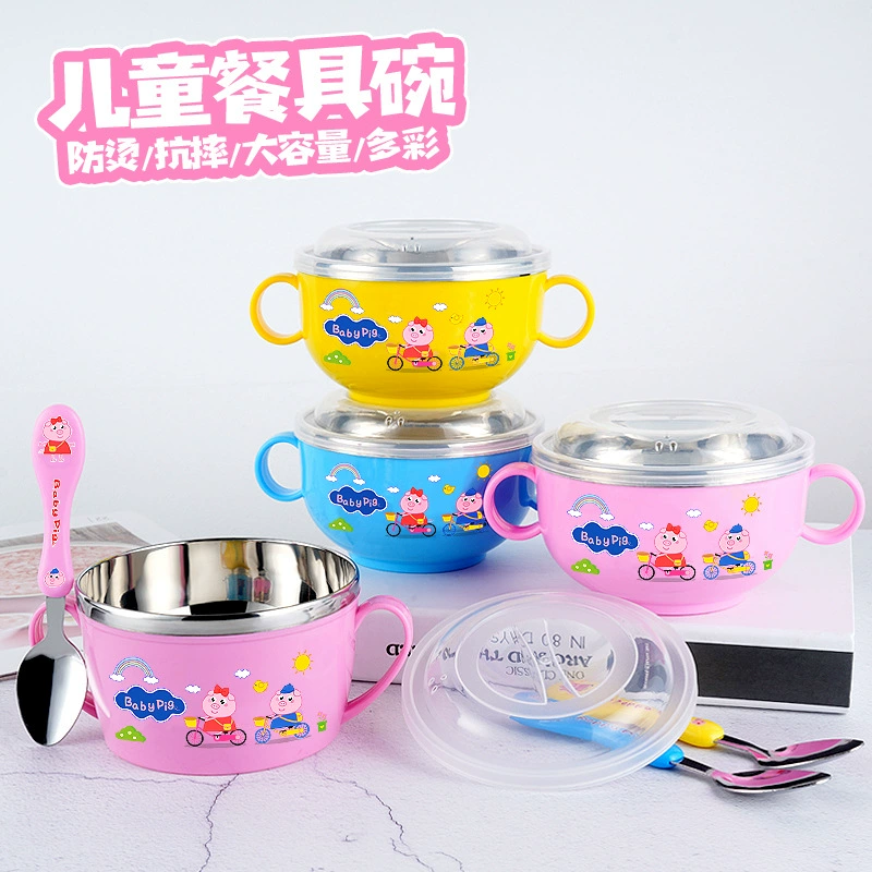 Children's cartoon dinner plate stainless steel for home use for food, anti-scald, fall protection