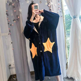 星星睡袍行走的被子珊瑚法兰绒女秋冬季韩版连帽加厚加长款家居服