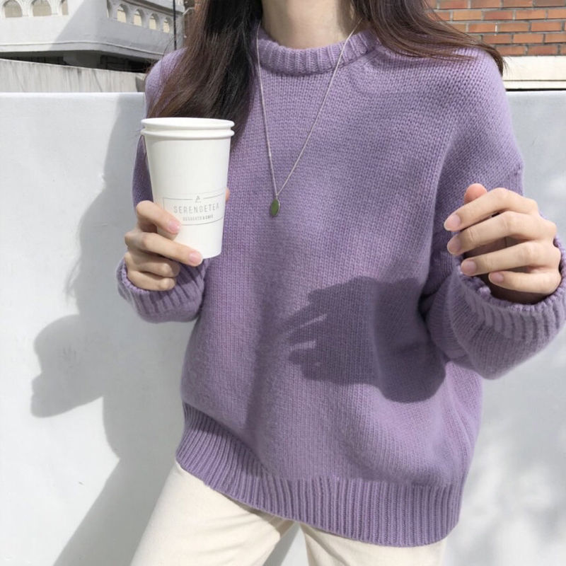 Bestie Outfit Lazy Loose Solid Color Sweater 2024 Autumn and Winter New Korean Style Fashion Round Neck Sweater Women's Thickened