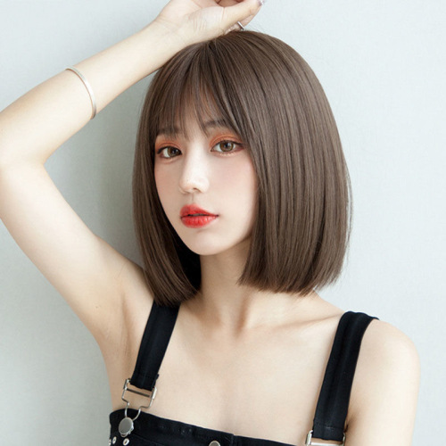 Female Internet celebrity bobo short straight hair temperament buckle Korean girl full headgear hair cover air bangs fake headgear