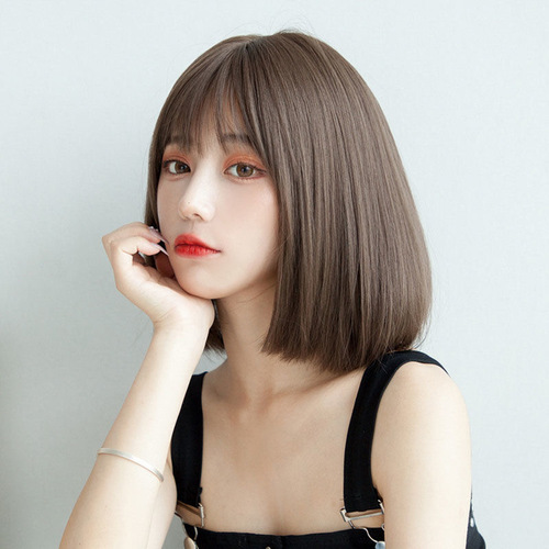 Female Internet celebrity bobo short straight hair temperament buckle Korean girl full headgear hair cover air bangs fake headgear