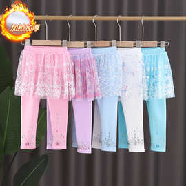 冬款童裤女童加绒加厚打底裤冬季假两件裙裤儿童冰雪奇缘纯棉裤子
