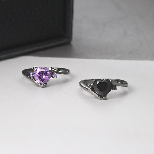 European and American popular black gold women's ring heart shape purple zircon ring Amazon hot selling jewelry wholesale