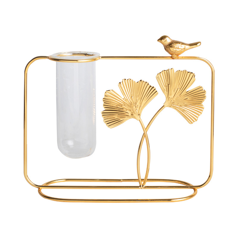 Jarrón decorativo, adornos de hojas de ginkgo, soporte de hierro para flores, arreglo floral, jarrón de vidrio, plantas verdes hidropónicas, recipiente para flores secas