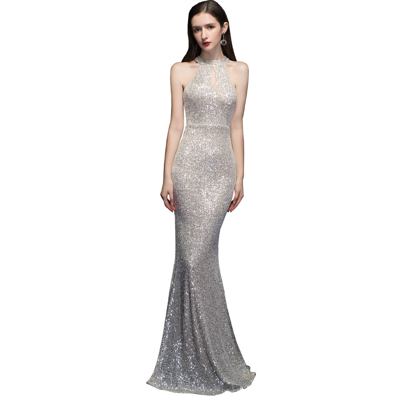 Vestido de noche con cuello halter y lentejuelas, nuevo diseño hueco 2026, elegante modelo ajustado, vestido de cola de pez estilo pasarela image 6