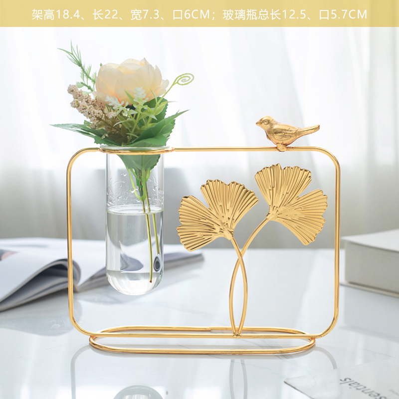 Jarrón decorativo, adornos de hojas de ginkgo, soporte de hierro para flores, arreglo floral, jarrón de vidrio, plantas verdes hidropónicas, recipiente para flores secas