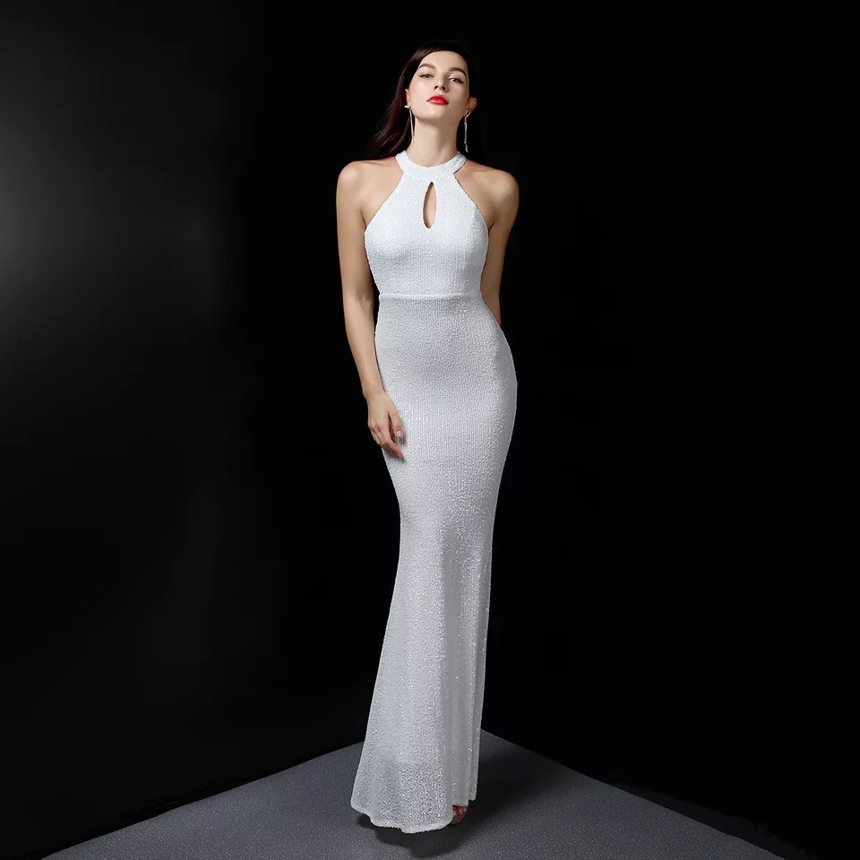 Vestido de noche con cuello halter y lentejuelas, nuevo diseño hueco 2026, elegante modelo ajustado, vestido de cola de pez estilo pasarela image 7