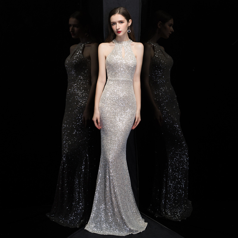 Vestido de noche con cuello halter y lentejuelas, nuevo diseño hueco 2026, elegante modelo ajustado, vestido de cola de pez estilo pasarela image 5
