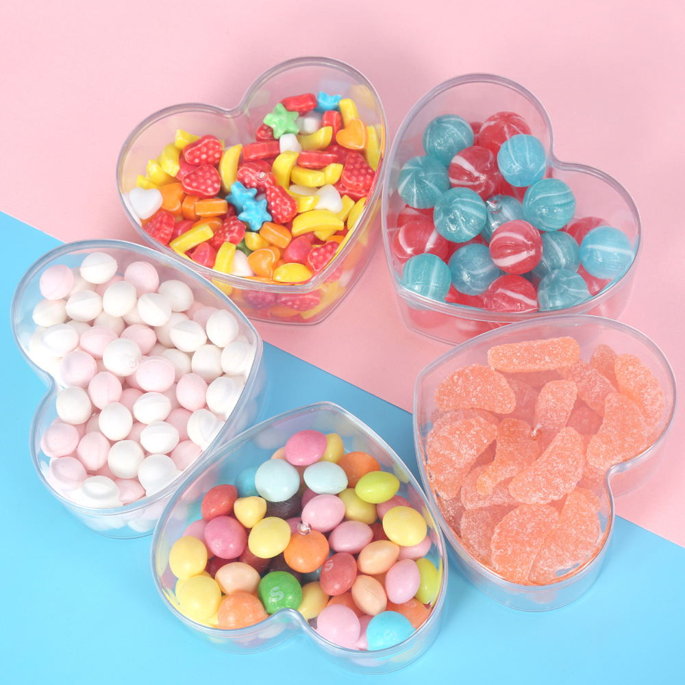 Caja de plástico duro con forma de corazón para regalo de amantes del dulce, con tapa de PS acrílico, caja pequeña para almacenamiento y embalaje de dulces de boda.