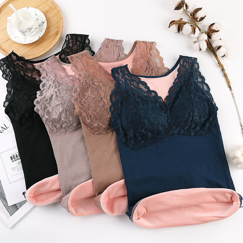 1933 winter plus size maple lace beautiful back seamless V-neck plus velvet thickened thermal vest women's underwear